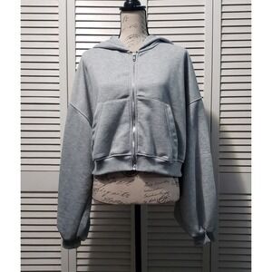 Sumwon‎ Oversized Cropped Hoodie Women's Size Small Gray Relaxed Fit Full Zip